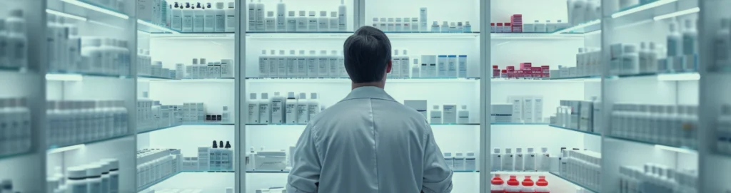 Man looking at medicines shelves